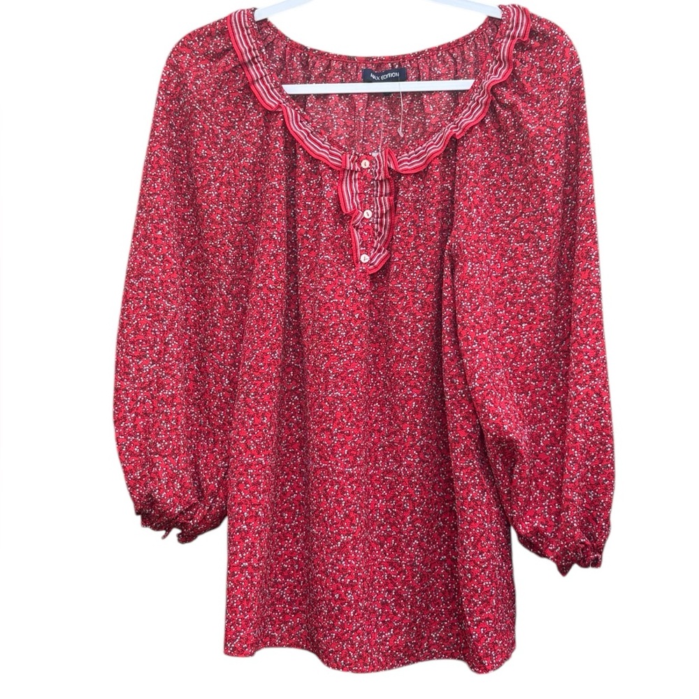 NWT Max Studio Red Floral Boho 3/4 Sleeve Peasant Top Ruffle Neckline Shirt Sz L